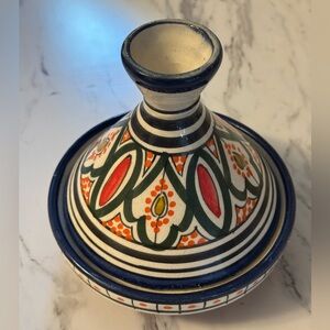 Vintage Tagine 6 In. Hand Painted Moroccan Blue White Red Ceramic